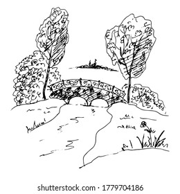 A Bridge with trees next to it. Sketch. Vector illustration.