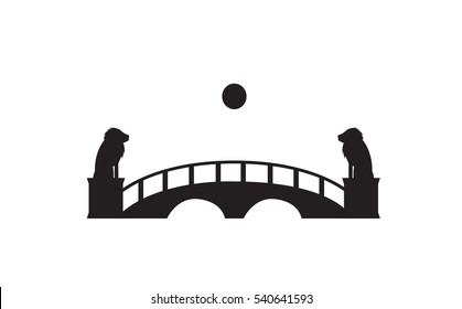 Bridge with two statues of wild animals and the sun