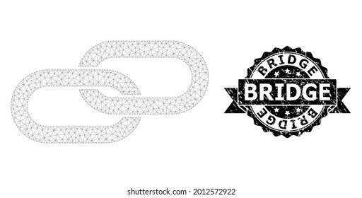 Bridge unclean stamp and vector chain mesh model. Black stamp has Bridge caption inside ribbon and rosette. Abstract flat mesh chain, created from flat mesh.