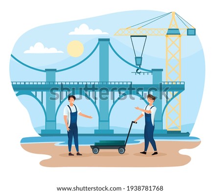 Bridge under construction building work process with construction machines. Flat abstract metaphor outline cartoon vector illustration concept. Simple art isolated on white background.