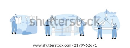 Bridge Under Construction Concept. Building Work Process With Worker Engineers and Crane. Group of Builders in Uniform and Helmets Construct City Infrastructure. Line Art Flat Vector Illustration