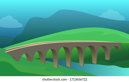 Bridge under river in beautiful landscape. Aqueduct or Viaduct on vector green and blue colors illustration, flat stile.