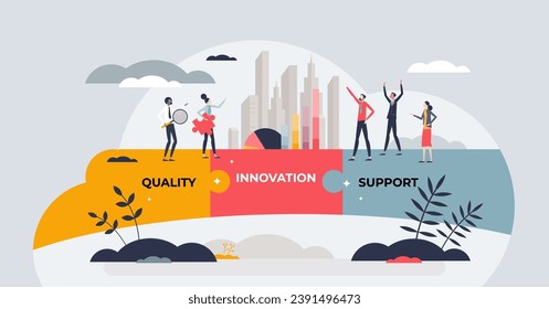 Bridge of value creation with quality, support and innovation tiny person concept. Business strategy, planning and evaluation vector illustration. Collaboration for creative and innovative project.