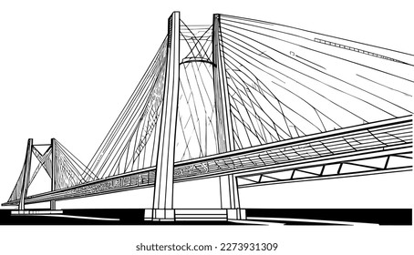 Bridge vector black line illustration isolated white. Sketch art