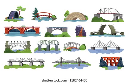 Bridge vector bridged urban crossover architecture and bridge-construction for transportation illustration set of river bridge-building with carriageway isolated on white background