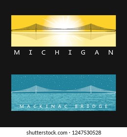 Bridge - vector graphic illustration. Beautiful famous modern architecture - long steel suspension bridge located in the Great Lakes region in North America, Mackinac, Michigan.