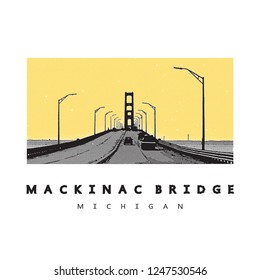 Bridge - vector graphic illustration. Beautiful famous modern architecture - long steel suspension bridge located in the Great Lakes region in North America, Mackinac, Michigan.