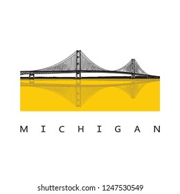 Bridge - vector graphic illustration. Beautiful famous modern architecture - long steel suspension bridge located in the Great Lakes region in North America, Mackinac, Michigan.