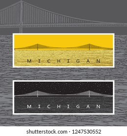 Bridge - vector graphic illustration. Beautiful famous modern architecture - long steel suspension bridge located in the Great Lakes region in North America, Mackinac, Michigan.