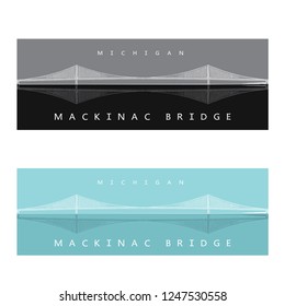 Bridge - vector graphic illustration. Beautiful famous modern architecture - long steel suspension bridge located in the Great Lakes region in North America, Mackinac, Michigan.