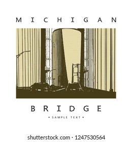 Bridge - vector graphic illustration. Beautiful famous modern architecture - long steel suspension bridge located in the Great Lakes region in North America, Mackinac, Michigan.