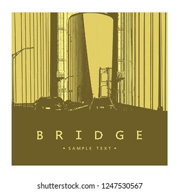 Bridge - vector graphic illustration. Beautiful famous modern architecture - long steel suspension bridge located in the Great Lakes region in North America, Mackinac, Michigan.