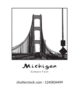 Bridge - vector graphic image.  Beautiful vector illustration of a long steel suspension bridge, architecture located in North America, Mackinac, Michigan.