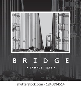 Bridge - vector graphic image.  Beautiful vector illustration of a long steel suspension bridge, architecture located in North America, Mackinac, Michigan.