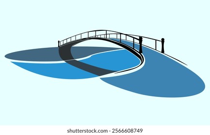 
bridge vector illustration. The bridge has a curved shape with railings on both sides. The water is dark blue. The background is light blue. The overall design is simple and minimalistic.