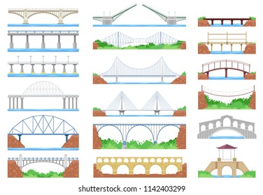 Bridge vector urban crossover architecture and bridge-construction for transportation illustration bridged set of river bridge-building with carriageway isolated on white background