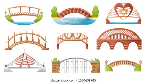 Bridge vector urban crossover architecture. Bridge-construction for transportation illustration. Bridged set of river bridge-building with carriageway isolated on white background