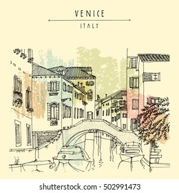 Bridge in Venice, Italy, Europe. Vector hand drawn vintage touristic postcard