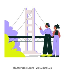 Bridge view with a couple standing together, admiring suspension bridge in an urban park, symbolizing sightseeing, tourism, and travel, flat vector illustration isolated on white background