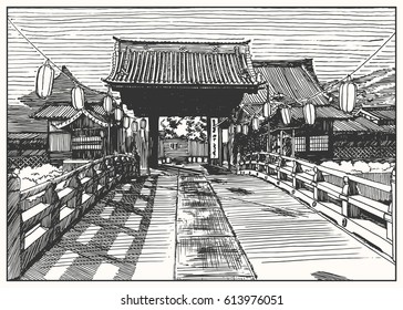 Bridge way in front of Japan traditional wood temple complex. Black and white dashed style sketch, line art, drawing with pen and ink. 