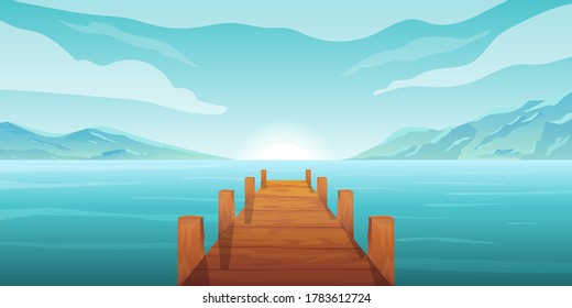 Bridge wood In lakeside With Beautiful sunrise Mountain View Background Illustration