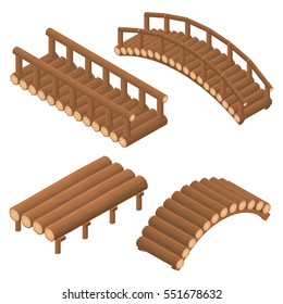 The bridge of wooden logs. Arched and straight. Flat 3D isometric set. Engineering Structure of trees across the river. Viaduct. Beams and supports. Vector illustration.