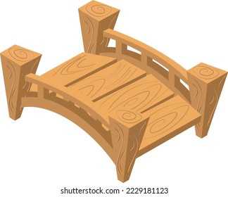 Bridge of wooden logs. Flat 3D isometric. Engineering Structure of trees across the river. Beams and supports. Vector illustration.