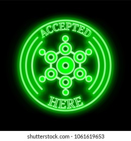 BridgeCoin (BCO) green  neon cryptocurrency symbol in round frame with text "Accepted here". Vector illustration isolated on black background