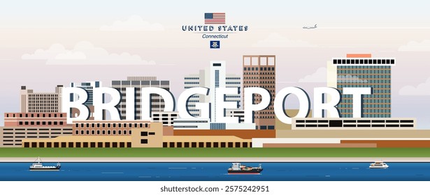 Bridgeport city skyline colorful vector illustration. Travel poster