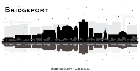 Bridgeport Connecticut City Skyline with Black Buildings and Reflections Isolated on White. Vector Illustration. Travel and Tourism Concept with Historic Architecture. Bridgeport USA Cityscape.