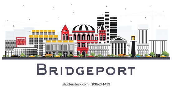 Bridgeport Connecticut City Skyline with Color Buildings Isolated on White. Vector Illustration. Business Travel and Tourism Concept with Historic Architecture. Bridgeport USA Cityscape with Landmarks