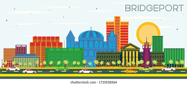 Bridgeport Connecticut City Skyline with Color Buildings and Blue Sky. Vector Illustration. Business Travel and Tourism Concept with Historic Architecture. Bridgeport USA Cityscape with Landmarks.