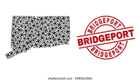Bridgeport distress badge, and Connecticut State map mosaic of air force items. Mosaic Connecticut State map constructed of air planes. Red stamp with Bridgeport word, and grunge rubber texture.