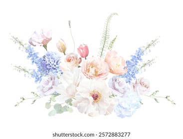 Bridgerton inspired pastel floral vector design bouquet. Blue delphinium, white peony, magnolia, pink tulips, rose, carnation, greenery and plants. All flowers and branches are isolated and movable.