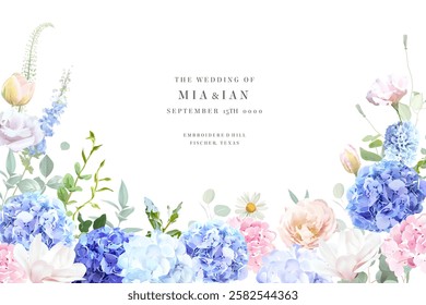 Bridgerton inspired pastel floral vector design frame. Blue delphinium, hydrangea, white magnolia, tulips, rose, hyacinth, greenery and plants card. All flowers and branches are isolated and movable