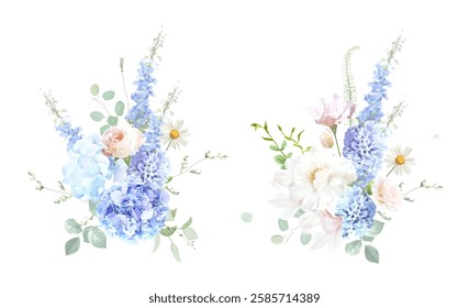 Bridgerton inspired pastel floral vector design bouquets. Blue delphinium, white peony, daisy, magnolia, pink rose, hydrangea, greenery and plants. All flowers and branches are isolated and movable.