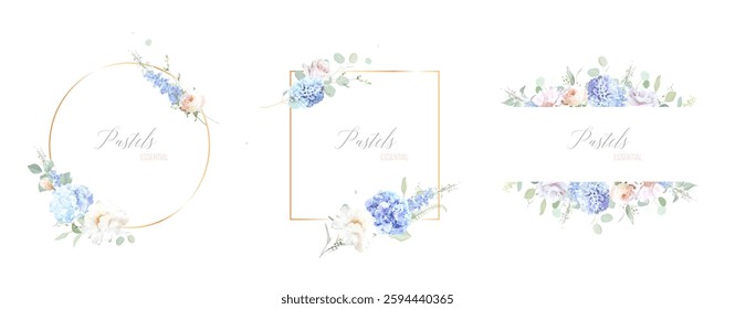 Bridgerton inspired pastel floral vector design frames. Blue delphinium, white peony, coral rose, magnolia, hyacinth, hydrangea, greenery and plants. All flowers and branches are isolated and movable.