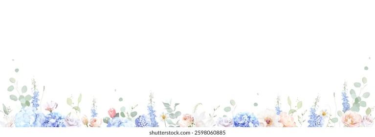 Bridgerton inspired pastel floral vector design banner. Blue delphinium, white peony, coral rose, magnolia, hyacinth, hydrangea, greenery and plants. All flowers and branches are isolated and movable.