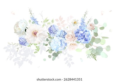 Bridgerton inspired pastel floral vector design bouquet. Blue delphinium, white peony, daisy, magnolia, pink rose, hydrangea, greenery and plants. All flowers and branches are isolated and movable.