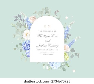 Bridgerton inspired pastel floral vector design frame. Blue delphinium, hydrangea, white peony, eucalyptus, rose, hyacinth, greenery and plants card. All flowers and branches are isolated and movable