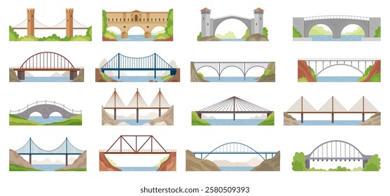 Bridges. Architectural set buildings for easy way of urban vehicles recent vector bridges illustrations in flat style