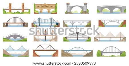 Bridges. Architectural set buildings for easy way of urban vehicles recent vector bridges illustrations in flat style