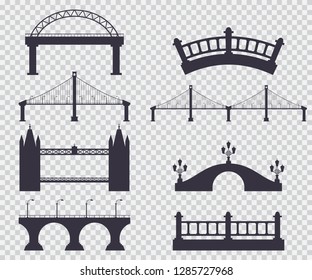Bridges black silhouette vector simple icons set isolated on transparent background.