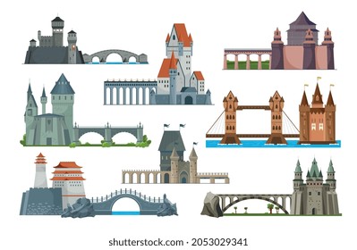 Icono del castillo puente con puentes que sirven como camino al castillo y para cruzar el río o la ilustración del vector marino