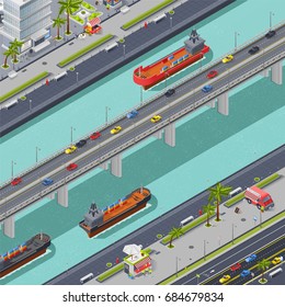 Bridges in the city isometric composition with transport people and ships vector illustration 