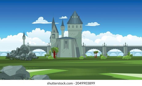 Bridges colored composition stone structure linking large castle with small tower and rest of the land vector illustration