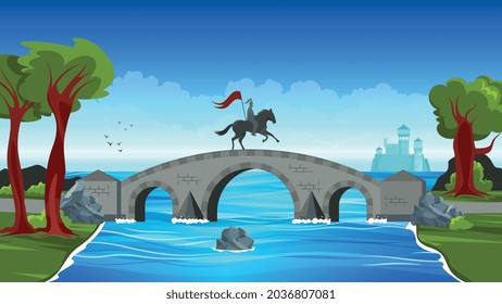 El concepto de puentes colorido pequeño puente de piedra que une los dos bancos y un hombre a caballo sobre él ilustración vectorial