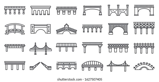 Bridges construction icons set. Outline set of bridges construction vector icons for web design isolated on white background
