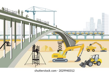 Bridges construction site with construction workers, illustration