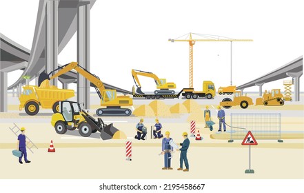 Bridges construction site with construction workers, illustration